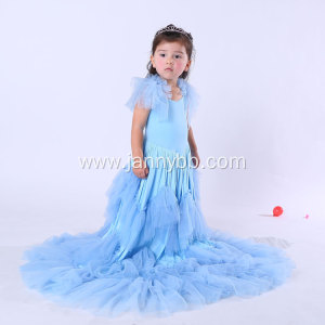 Long Layered Ruffle Blue Jersey Dress for Girls